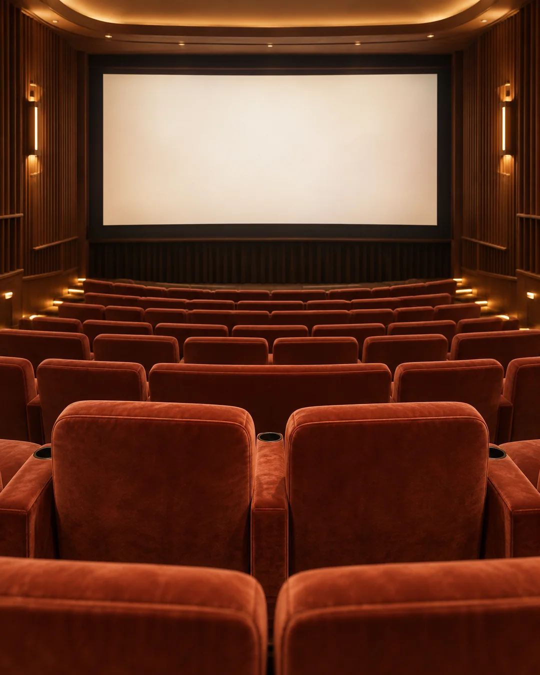 暖かい照明に包まれた、誰もいない映画館の客席